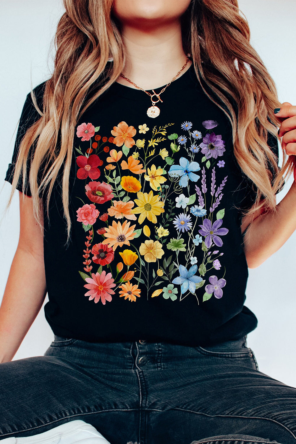 Black Flower Print Cotton Blend Casual Tee 21d9dbdf605c8666