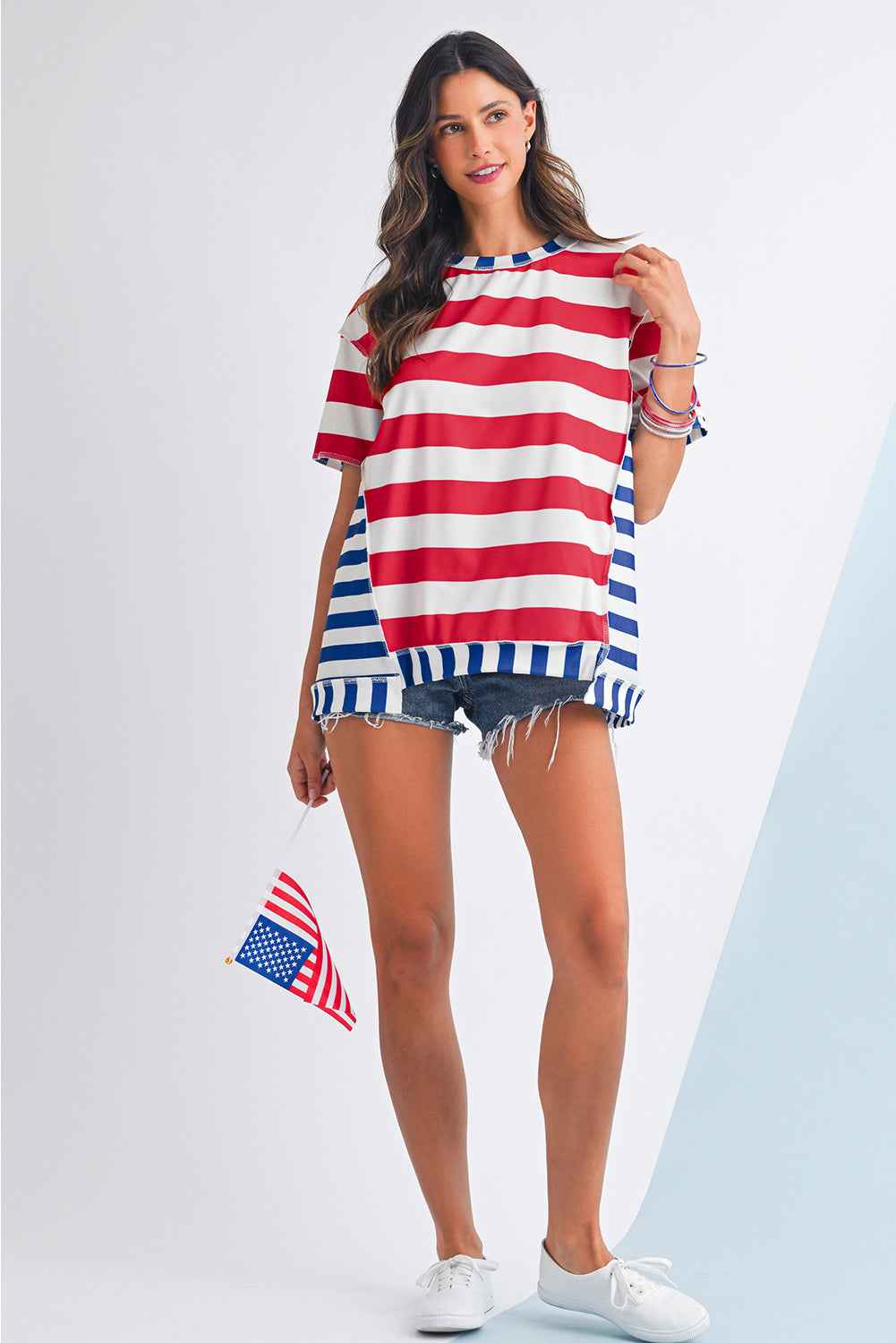 Red Stripe Loose Casual Color Block T Shirt 21e4896d97f1483a