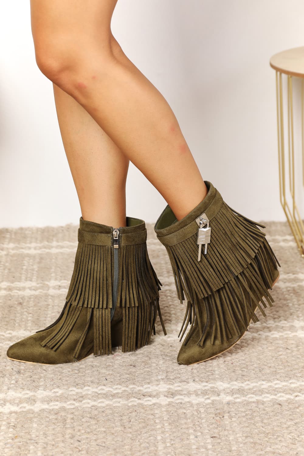 Legend Women's Tassel Wedge Heel Ankle Booties Olive 21f5b09e64b84908b84c16391b034a28-Max