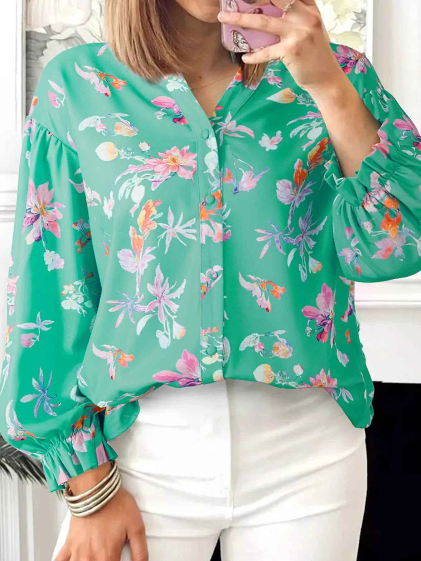 Floral Lantern Sleeve Button Front Shirt Turquoise 21ff5d2c9b01489a85d28e0ff77687b8-Max-Origin