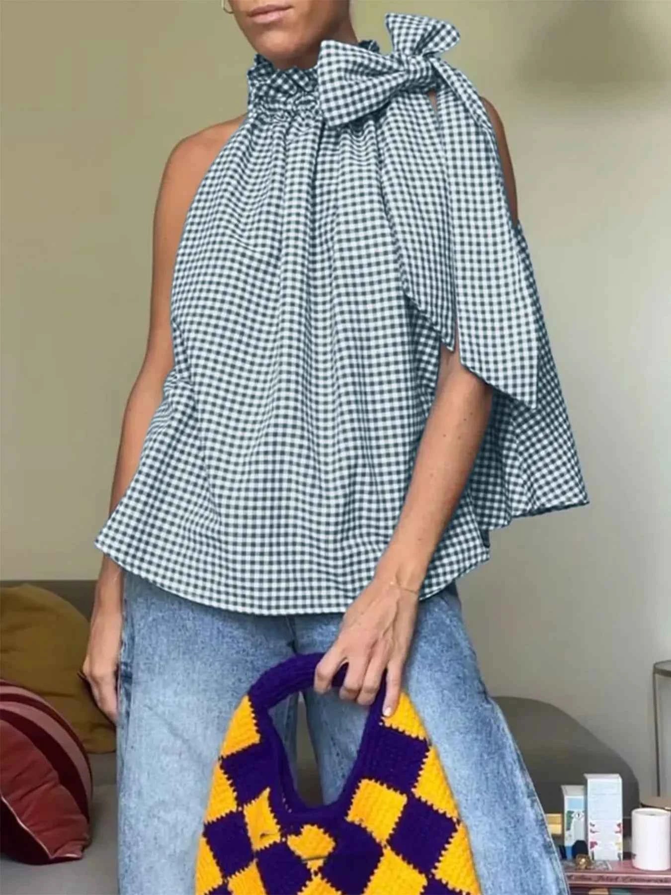 Asymmetric Gingham Bow Tie Sleeveless Top Plaid 220803a5-ef6b-4ab8-aeab-b1ec8c032333-Max-Origin