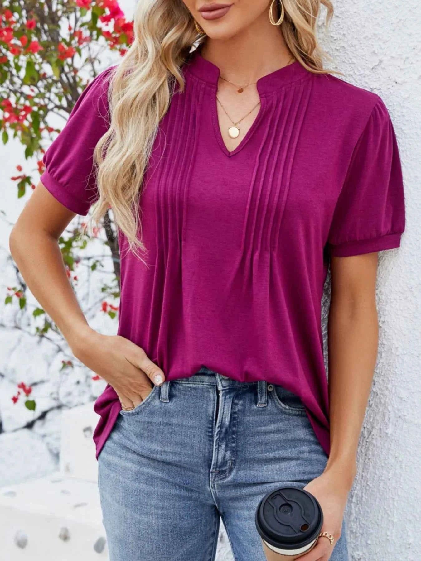 Notched Short Sleeve T-Shirt Wine Red 22257732-259e-45d7-afc6-e5045e7a240d-Max-Origin