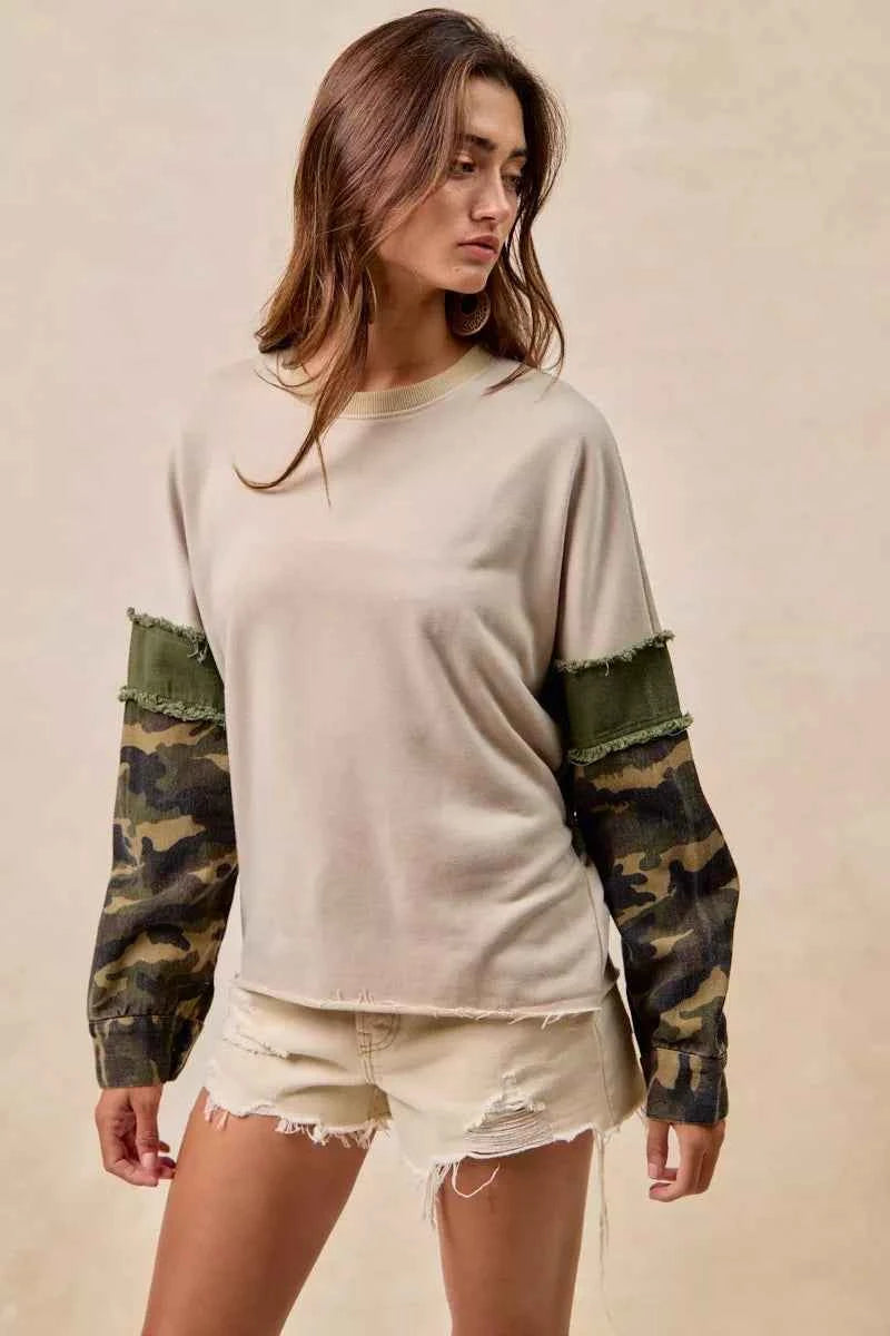 BiBi Camo Sleeve French Terry Top with Frayed Edge 2225da9da1874844b76ae391c68eb333-Max-Origin