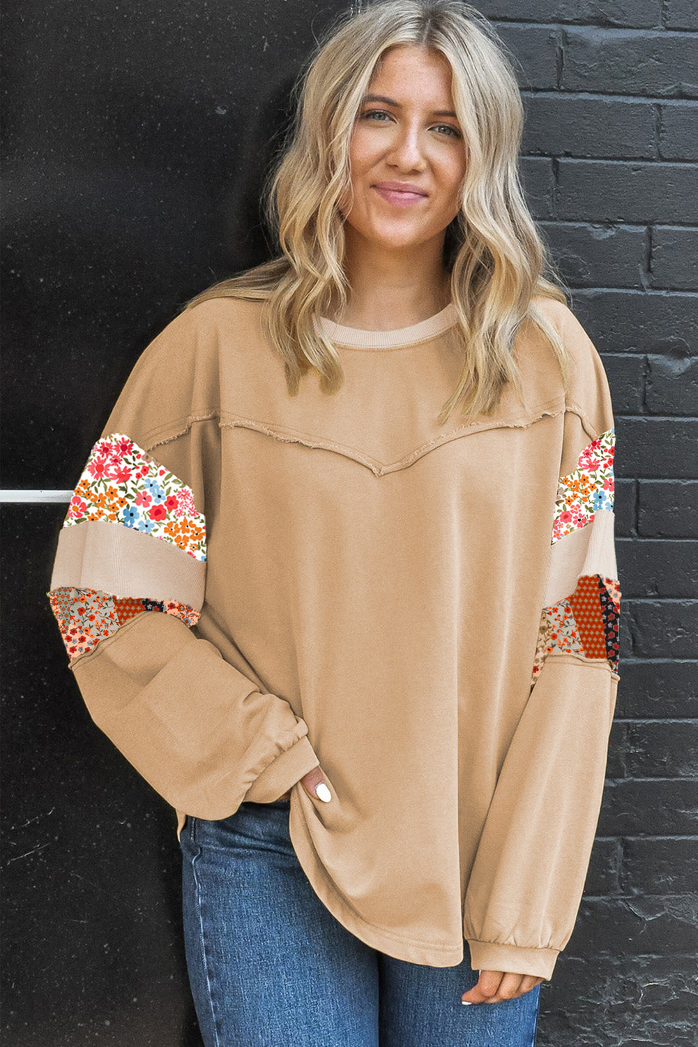 Khaki Exposed Seam Floral Mixed Patchwork Plus Size Top 222c13808950c351