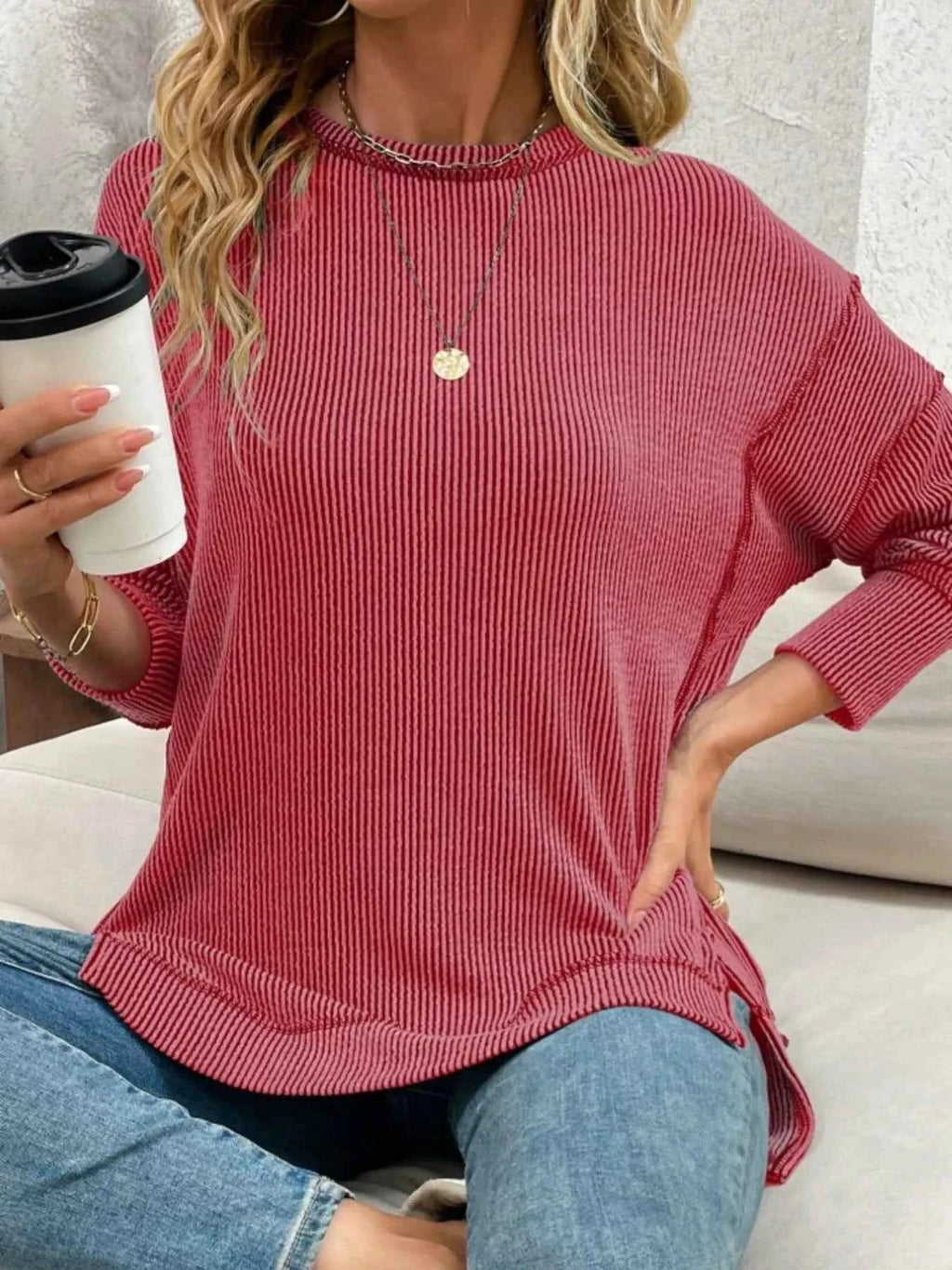 Side Slit Round Neck Dropped Shoulder Sweatshirt 2237e7e5eced4e07921ea08618772c33-Max-Origin