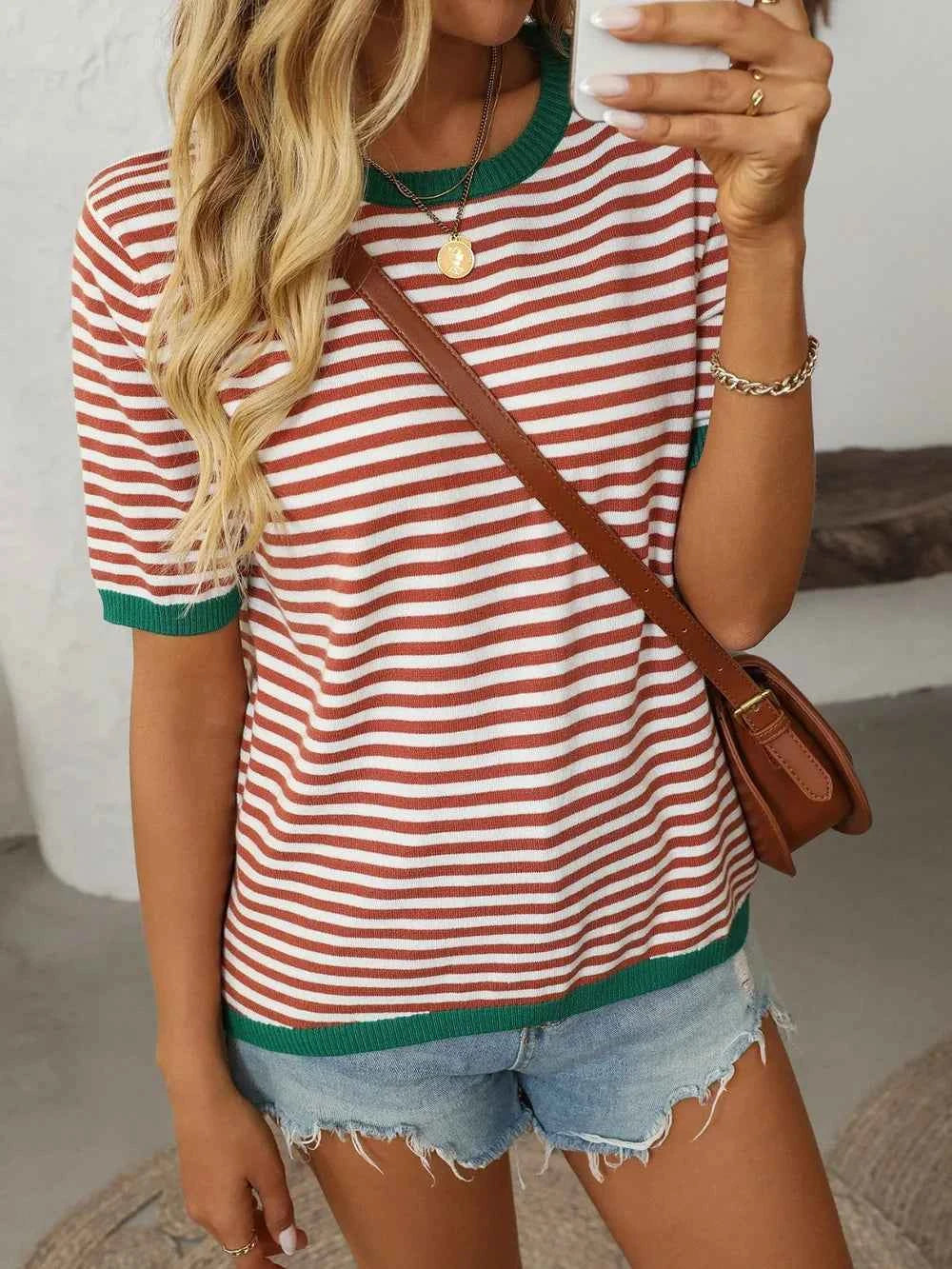 Mandy Striped Round Neck Half Sleeve Knit Top Red Green 22504109-c49e-4852-b01b-e3adce5a0f5b-Max