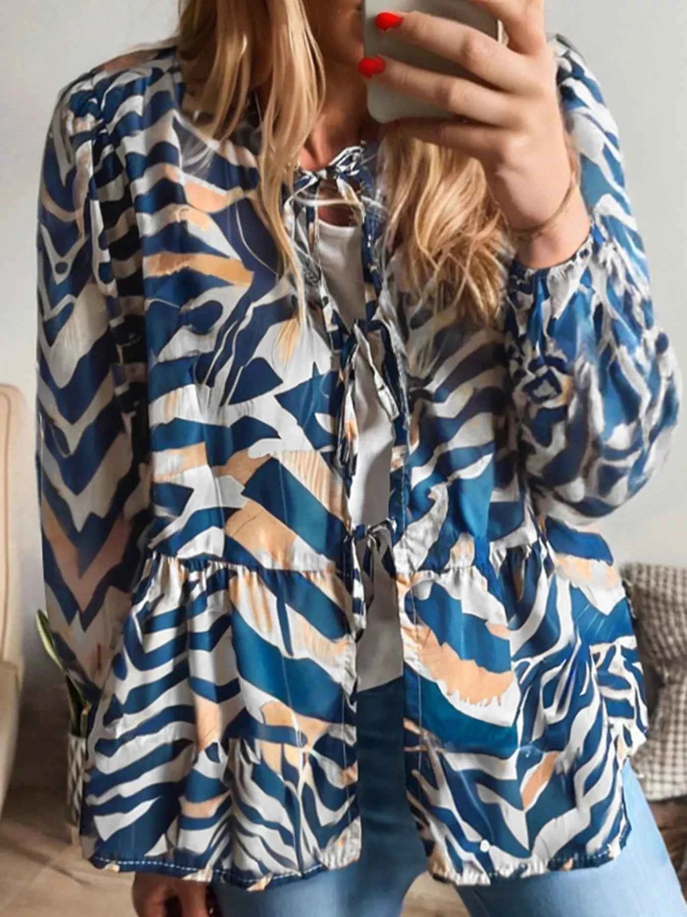 Zebra Print Tied Front Puff Sleeve Top Dusty Blue 2250b991f5d74fd5b6c7889ce642a2ac-Max-Origin