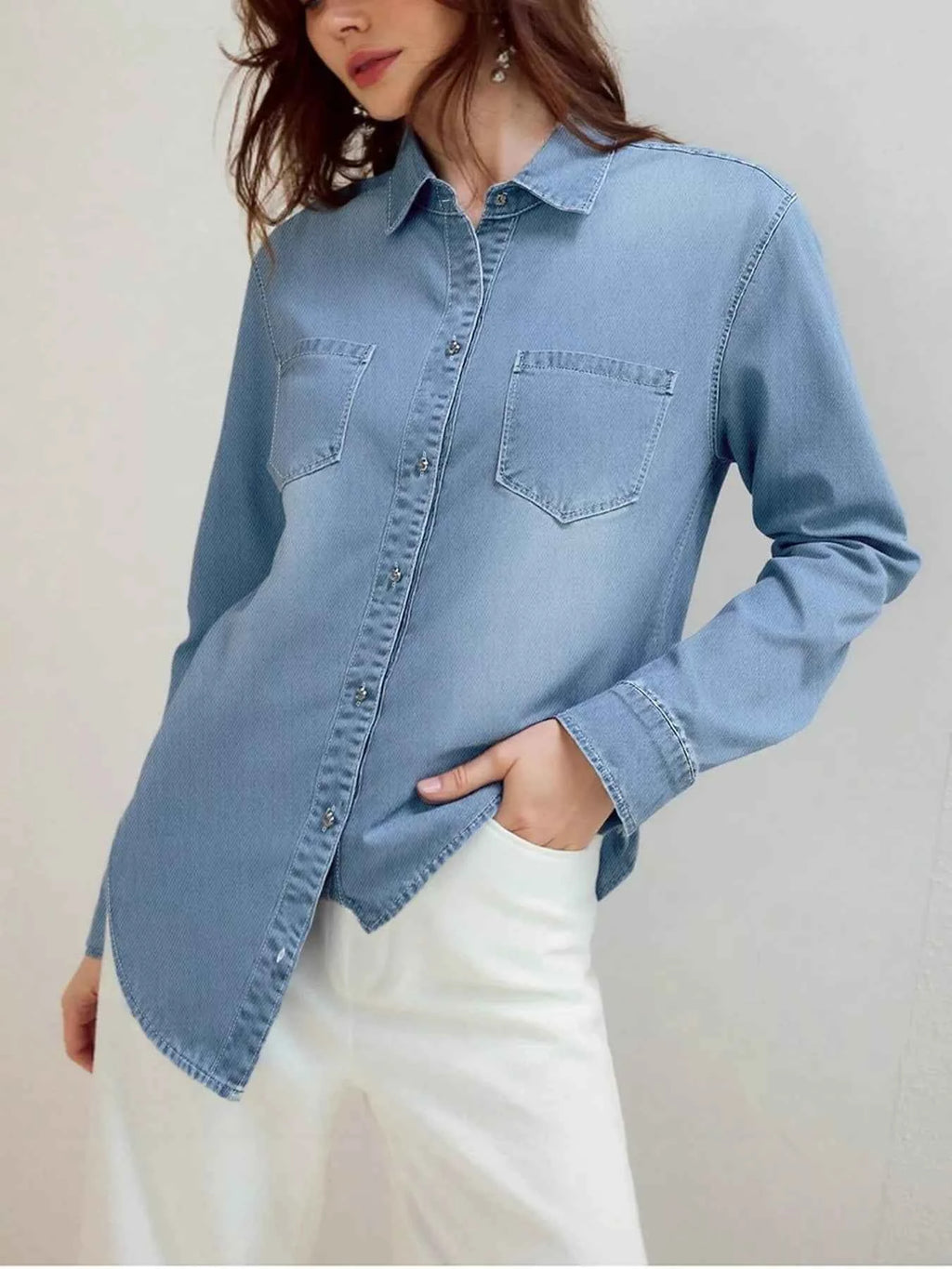 Full Size Button-Up Long Sleeve Denim Shirt Plus Size Blue 225a081b5edb48db96c3dbdb8aef6806-Max-Origin