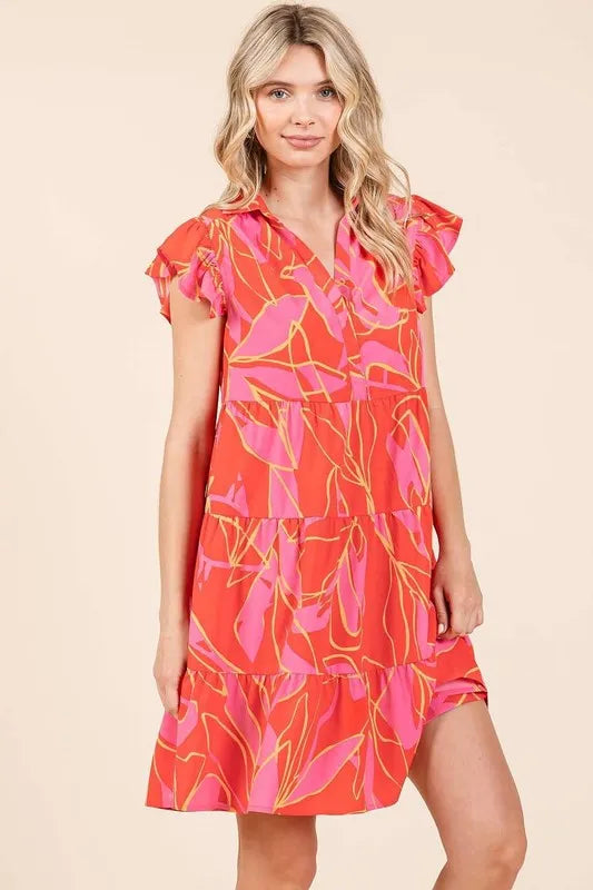 Mittoshop Leaf Print Ruffle Sleeve Tiered Mini Dress 2260ca95-122b-4dee-b867-6700aa1115de-Max
