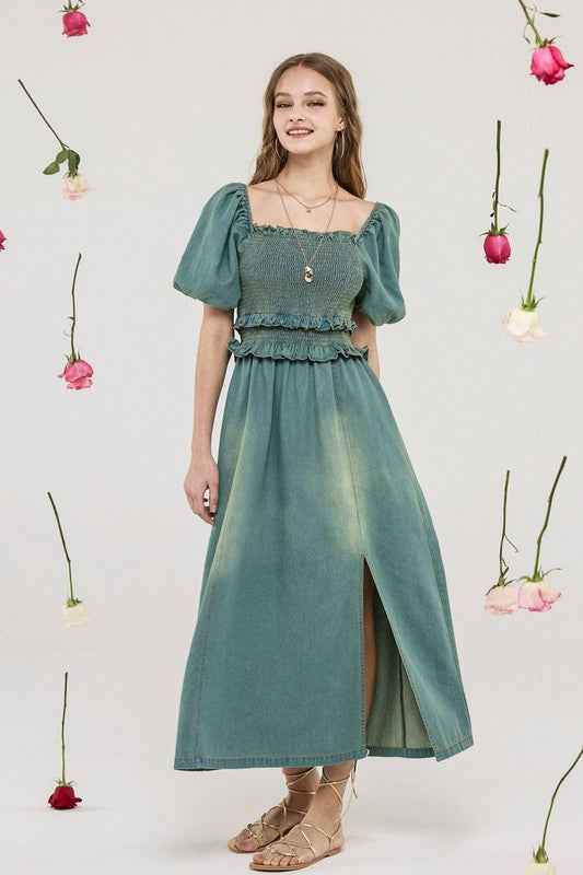 Denim Off Shoulder Puff Sleeves Smocked Dress 22630344_293ea3ae-51f2-4d1d-b65c-8917633494d7