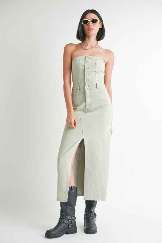 BUTTON UP TUBE DENIM DRESS WITH SLIT WASHED DENIM 22662337_dab494d2-e6d4-4508-ad5e-c212f37bb5bf