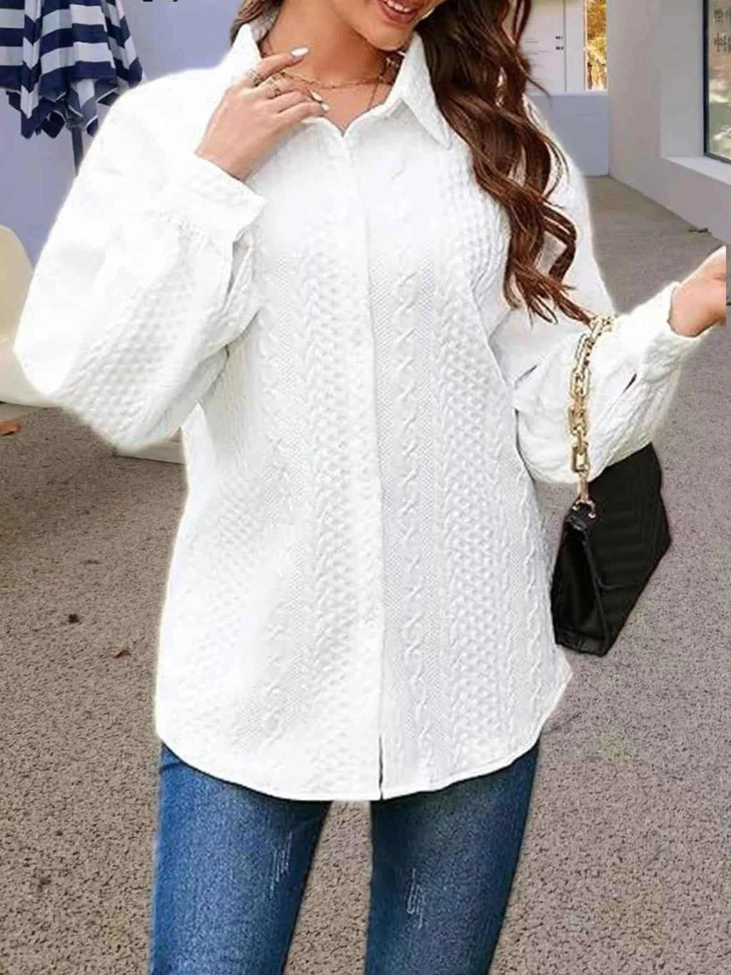 Texture Button Up Long Sleeve Shacket White 226f1f4035904f28b3740865a1310ba2-Max-Origin