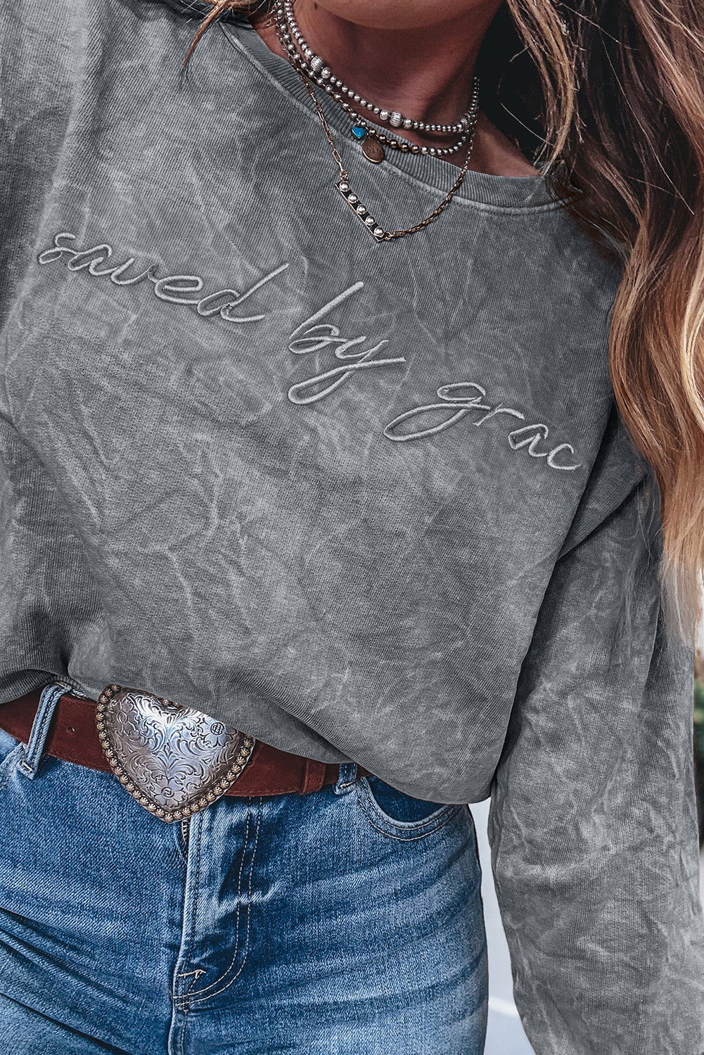 Sea Green saved by grace Letter Embroidery Mineral Wash Loose Sweatshirt 2272e66f3fed95a0