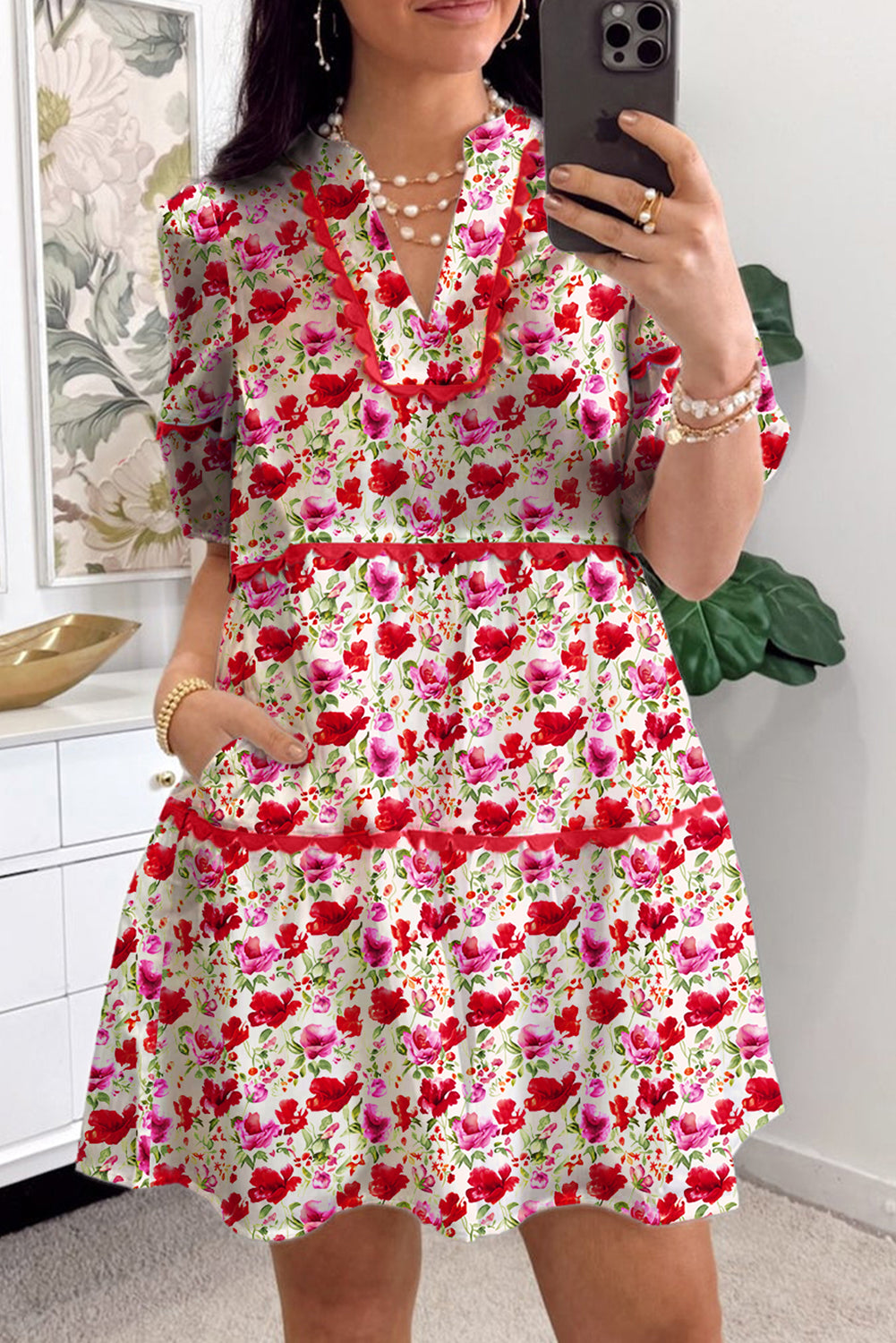 Red Floral Puff Sleeve Tiered Ric Rac Pocketed Mini Dress Red 227b93c72538535c