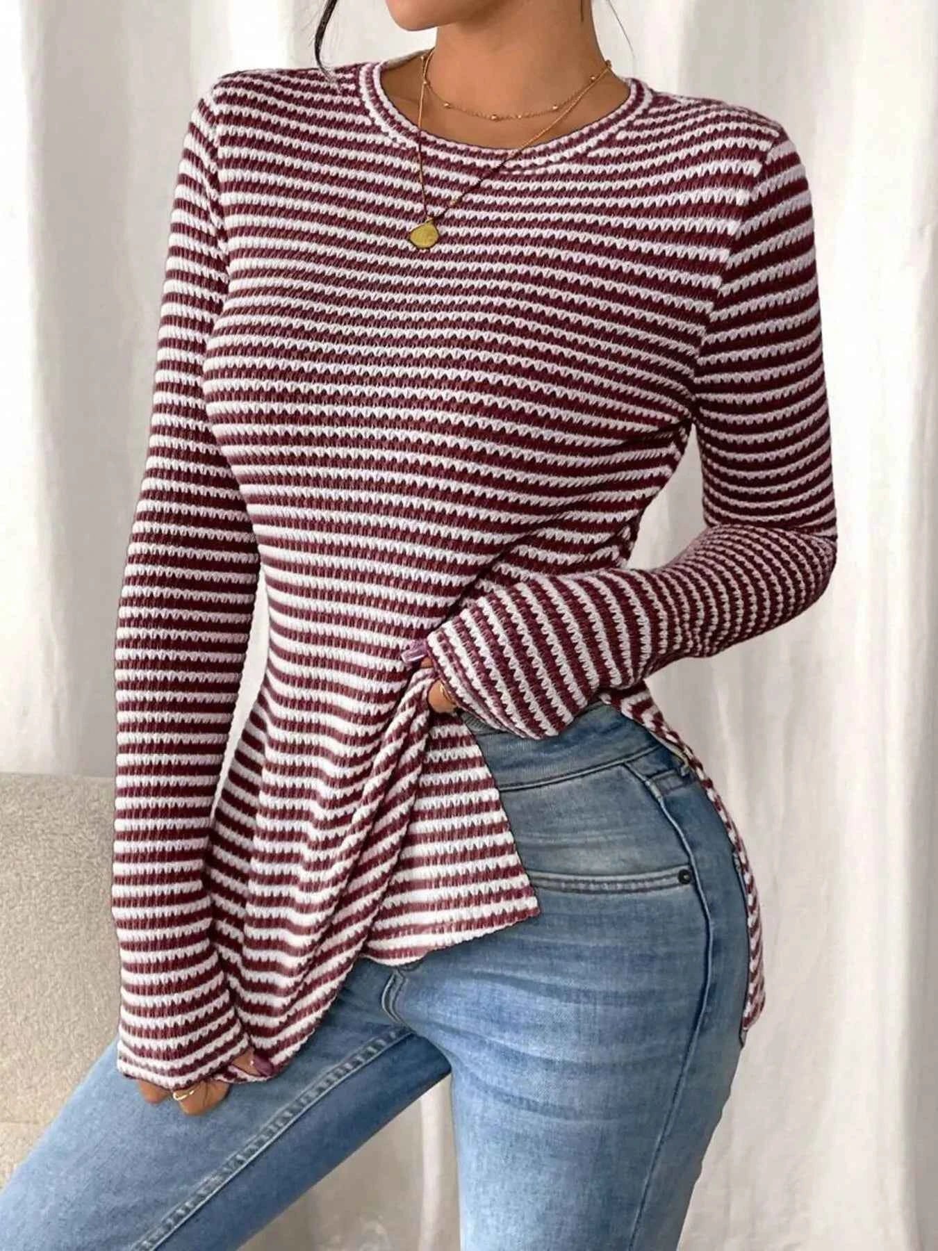 Side Slit Striped Long Sleeve T-Shirt Burgundy 228fa34cf02e4520a82237075d5b5d36-Max-Origin