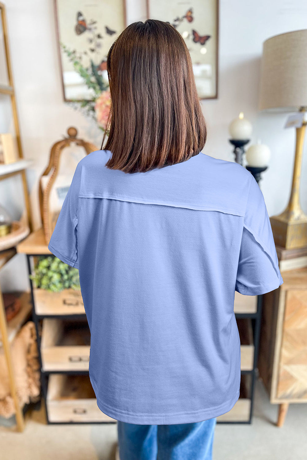 Sky Blue Flower Patched Exposed Stitching Trim Loose Tee 229884a5251324c4