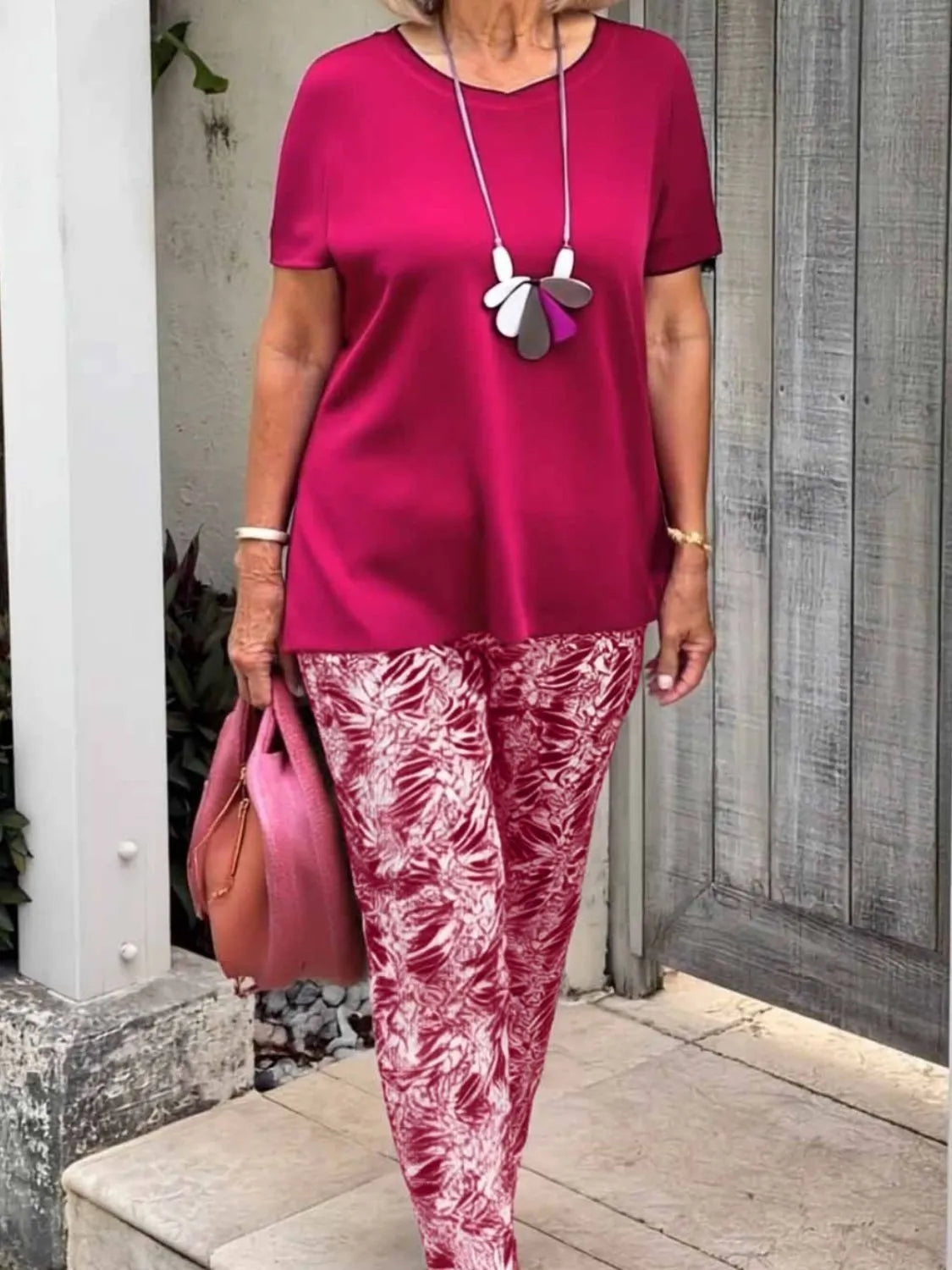 Full Size Round Neck Short Sleeve Top and Pants Set Plus Size Cerise 229f0611-40bc-4241-b285-b40aafc35dde-Max-Origin