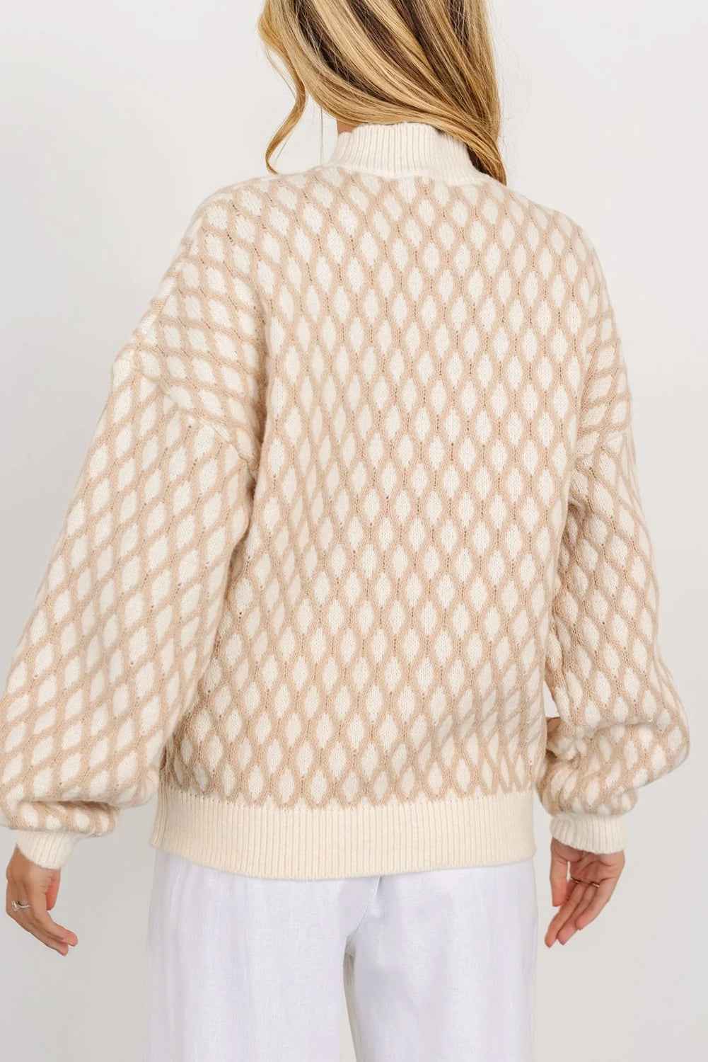 Oatmeal Rhombus Textured Knit Drop Sleeve Sweater 22a25065ed3a79b7
