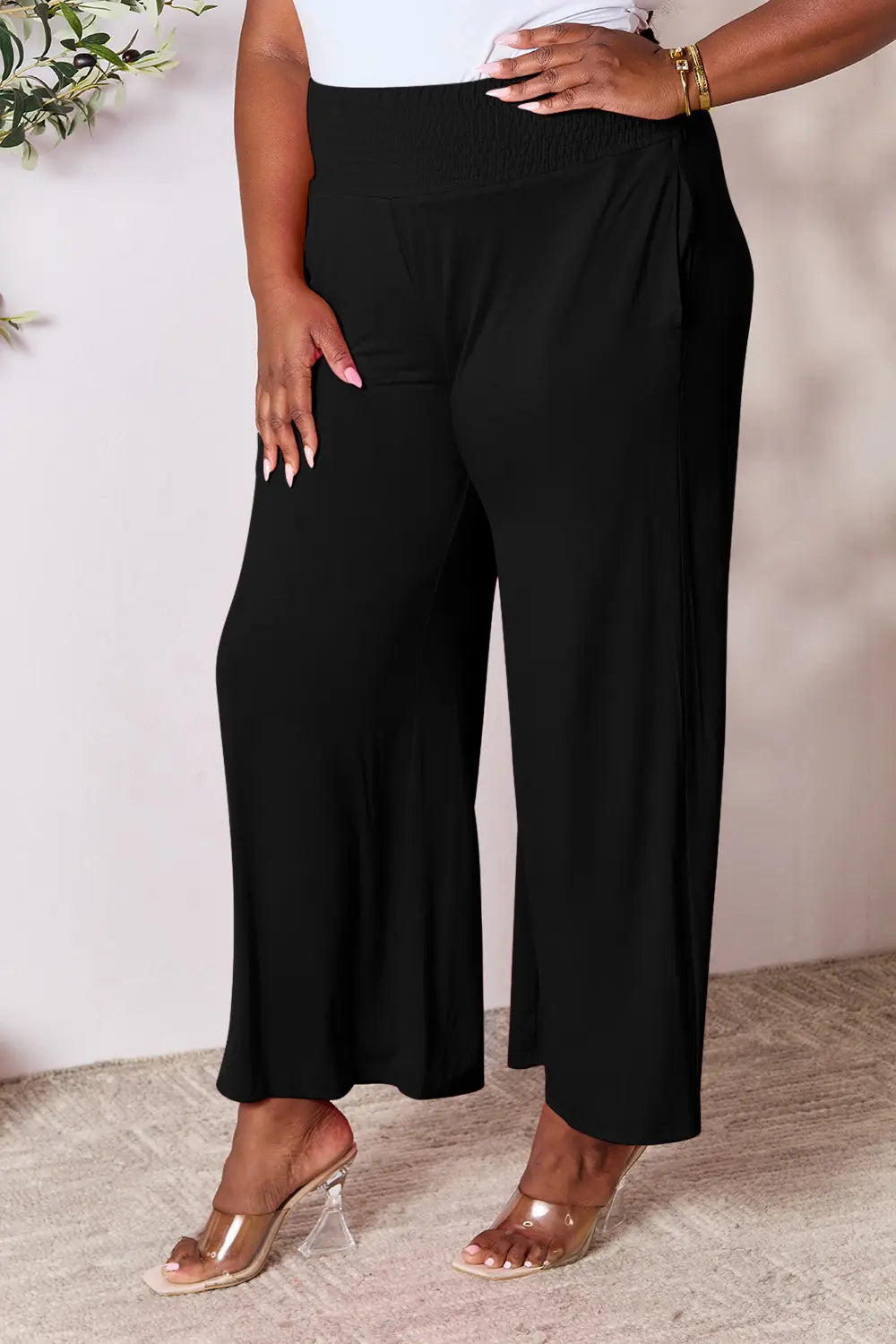 Basic Bae Full Size Smocked Wide Waistband Wide Leg Pants 22ad785c6aa643949060ebad60a8086a-Max