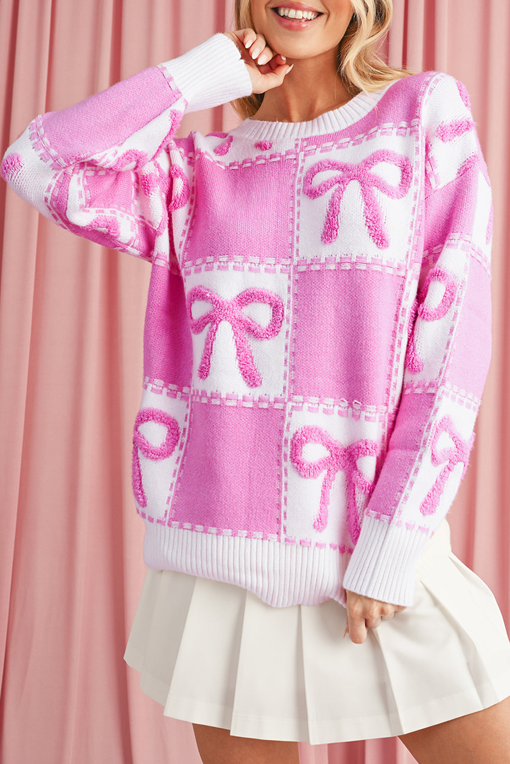 Pink Sweet Bow Two Tone Checkered Sweater 22c2fa2b60efa015