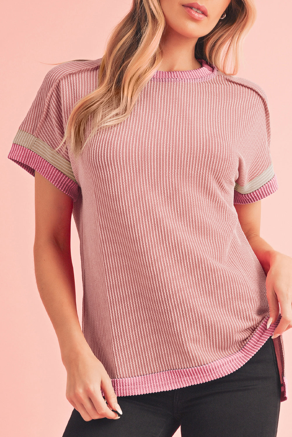 Rose Red Textured Colorblock Round Neck T Shirt Light Pink 75%Polyester+20%Viscose+5%Elastane 22c6f4cafd82f100