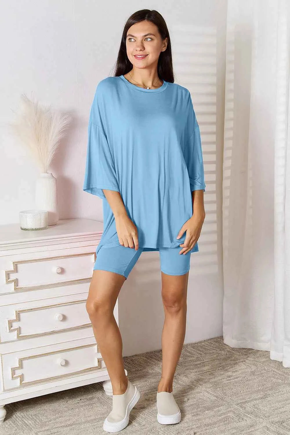 Basic Bae Bamboo Full Size Round Neck Drop Shoulder T-Shirt and Shorts Set Light Blue 22e245ec-aa47-4df2-a6e6-70d792508c30-Max