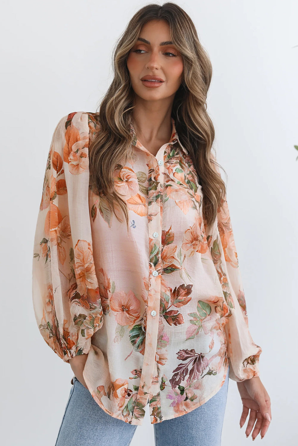 Brown Floral Puff Sleeve Lightweight Shirt 2314f1d0743e5b13