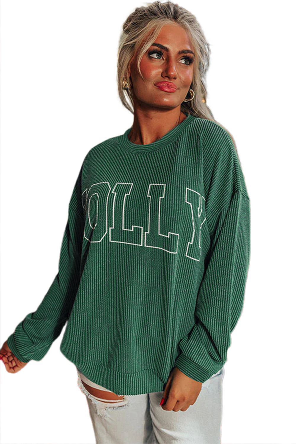 Evergreen Twisted Rib Merry Letter Graphic Loose Long Sleeve Top