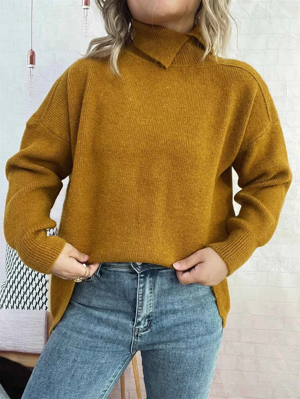 Slit Turtleneck Long Sleeve Sweater 2340337615284da781076bd69dfad3da-Max-Origin