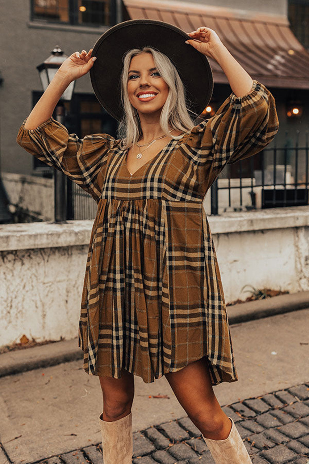 Brown Plaid Pattern Empire Waist Babydoll Dress 2342f276c8409f43