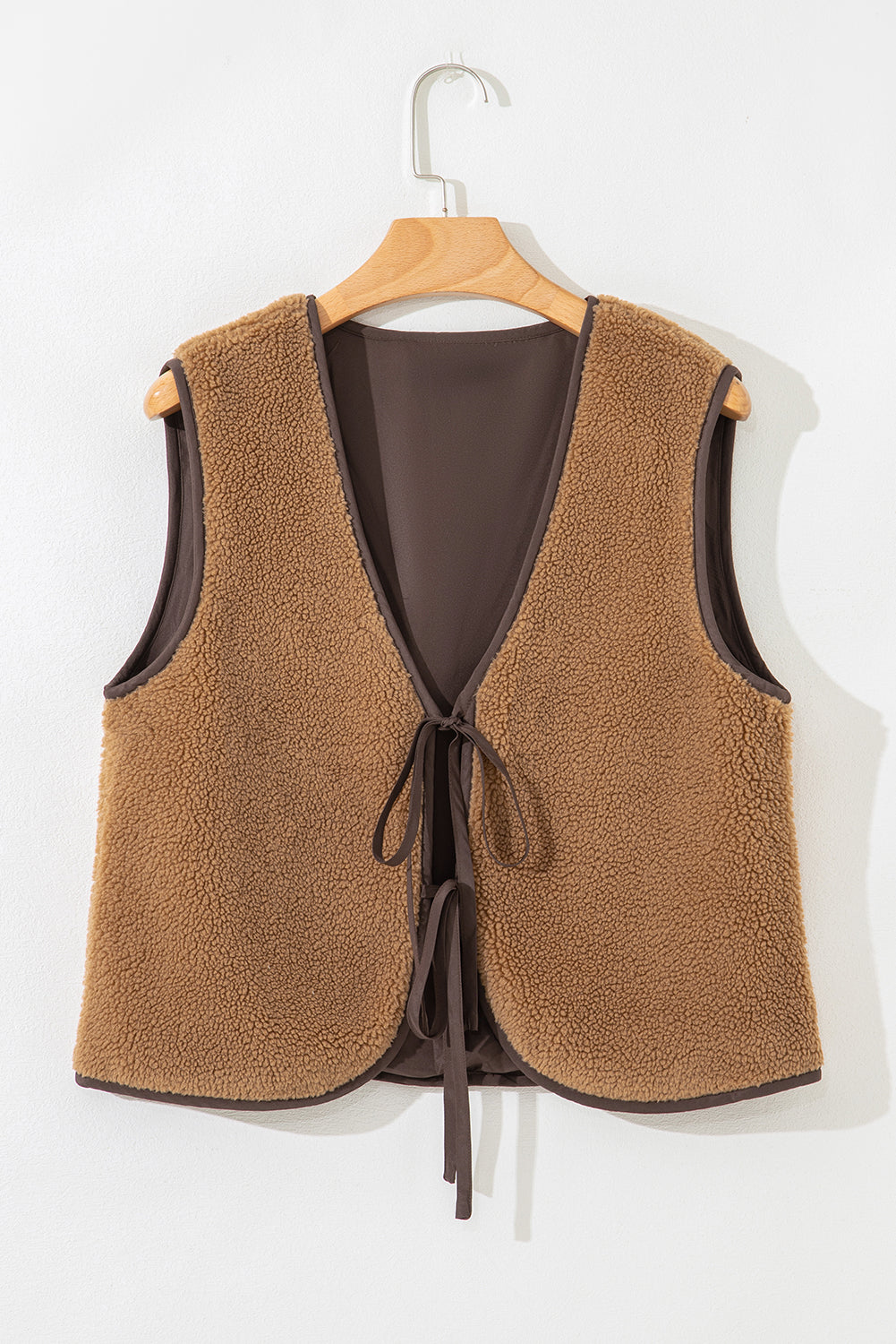 Light French Beige Fleece Tie Front Winter Vest 23459d8959b0c5cd