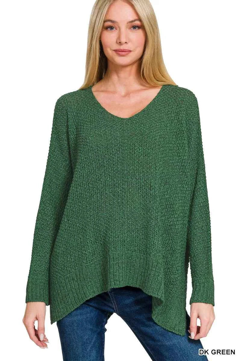 Zenana Dolman Sleeve V-Neck Sweater DK GREEN 236b0287057e4b08b50239d4aa576ab4-Max-Origin