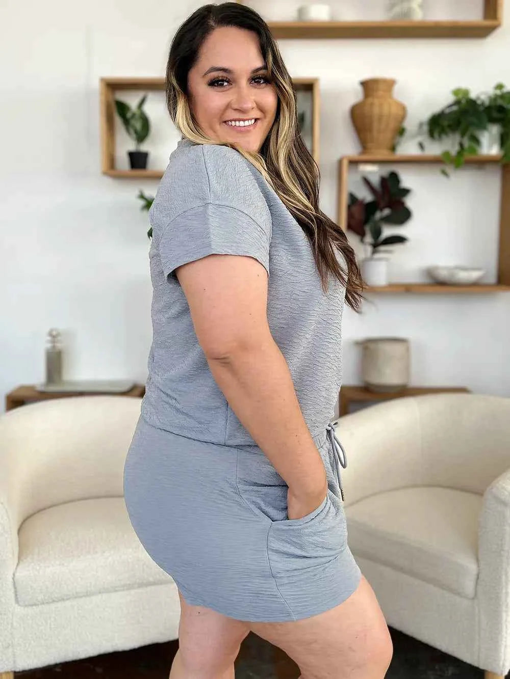 Double Take Full Size Texture Short Sleeve T-Shirt and Drawstring Shorts Set 236d853f-be6d-480f-9591-2fa755cc2ed3-Max