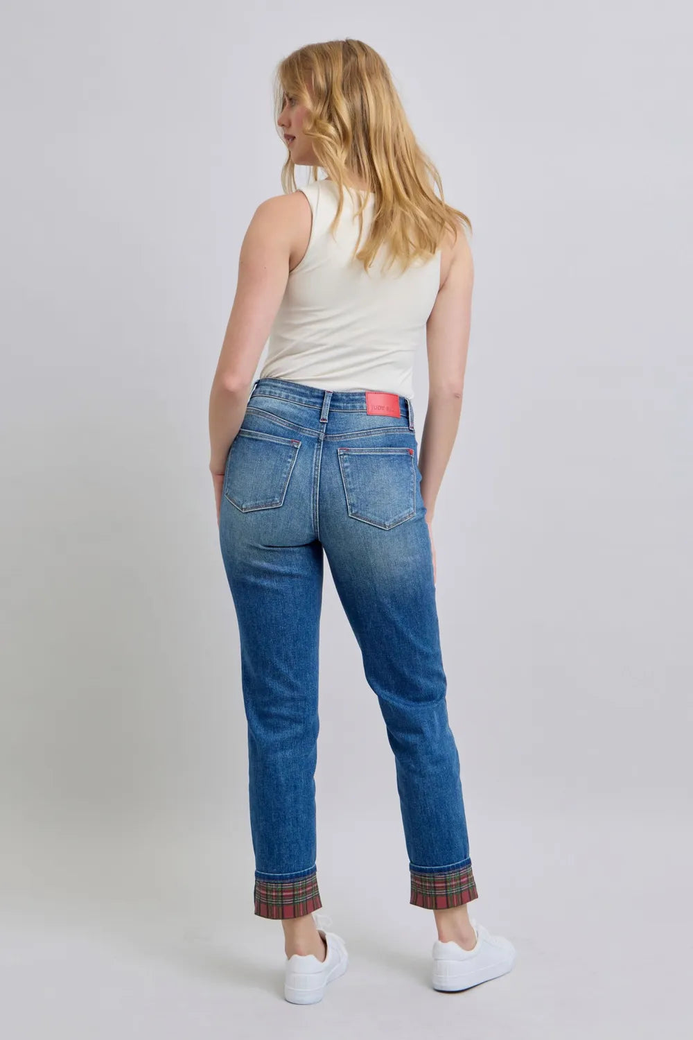 Judy Blue Full Size Plaid Print Cuff Straight Leg Jeans with Pockets 23bb0b3e-e236-42f5-b840-4dbcd6a927e5-Max