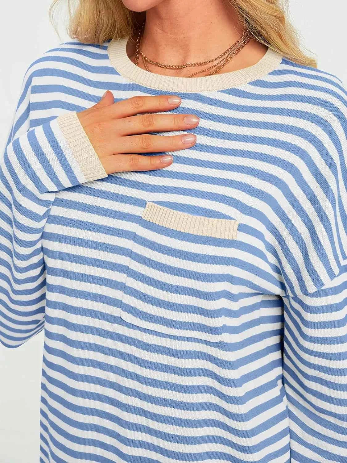 Striped Long Sleeve Sweater with Contrast Ribbed Trim 23e2323e-439f-4fe7-8ecf-0abde44344ff-Max-Origin