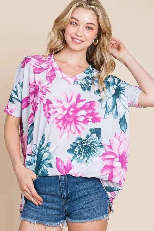 BOMBOM Floral V-Neck Short Sleeve T-Shirt Floral 23e6ba70184648a3a874a9c9589e3f3f-Max-Origin
