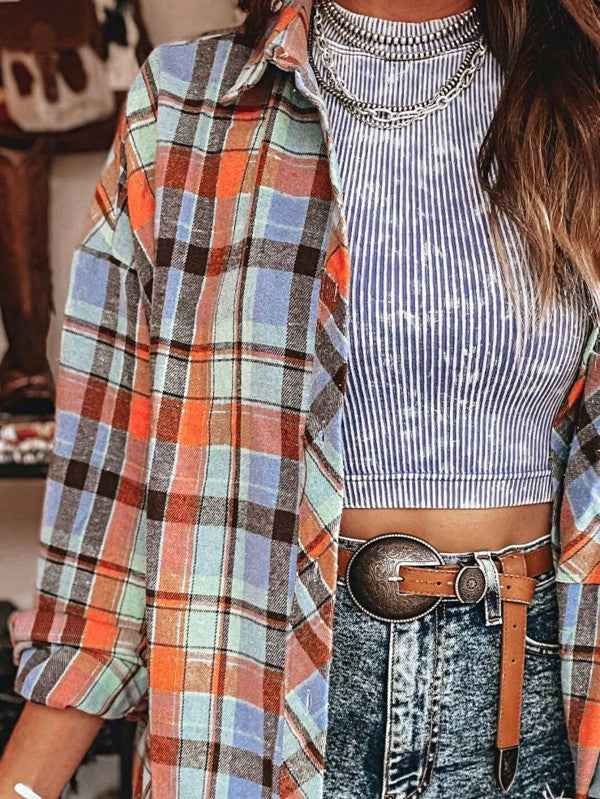 cotton Boho Red Mint Plaid Button Shirt Shacket 24159830_cfdcdb90-5861-4057-8bca-c2e5ba6827b3