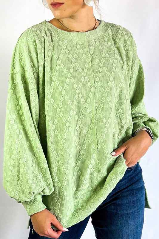 Solid Color Textured Side Split Crew Neck Blouse Green 24264704_08bfc73c-51a5-4381-a05a-6b4f1572cd1b