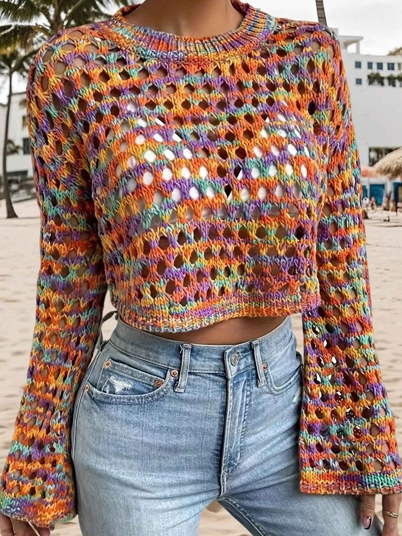 Rainbow Crochet Hollow Out Cropped Sweater 2446a2070764405e98fcee90313a5990-Max-Origin