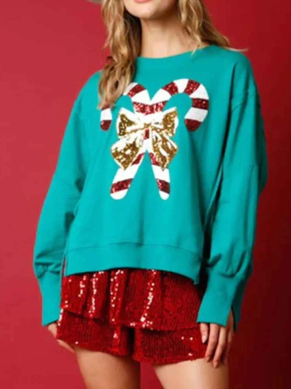Christmas Candy Cane Bow Dropped Shoulder Sweatshirt 24476508-0d3c-4d94-a61a-2ce8f1ea53ab-Max-Origin