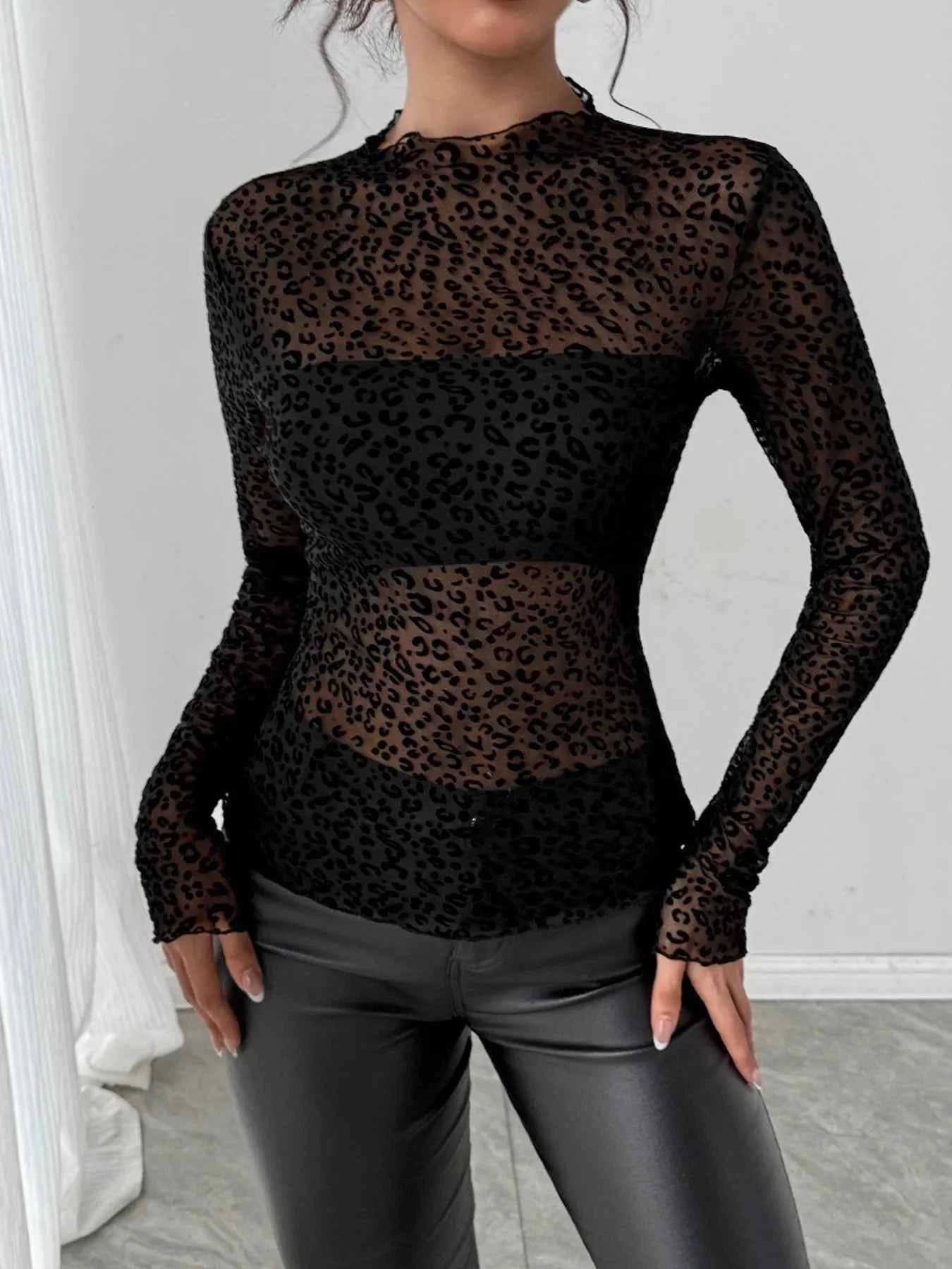 Leopard Print Mesh Long Sleeve T-Shirt Black 2449cb2be9394215b1441534ad517e73-Max-Origin
