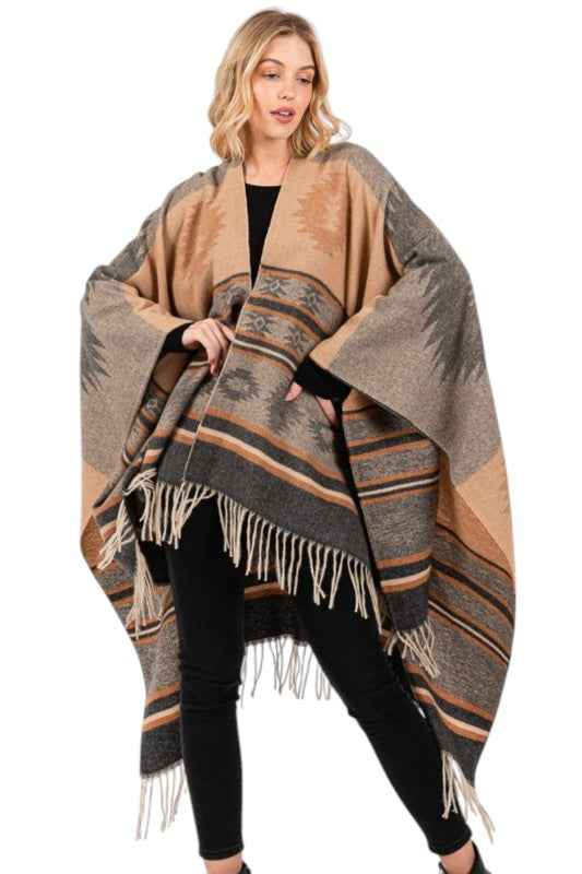 Aztec Pattern Fringe Ruana Cardigan Warp Scarf