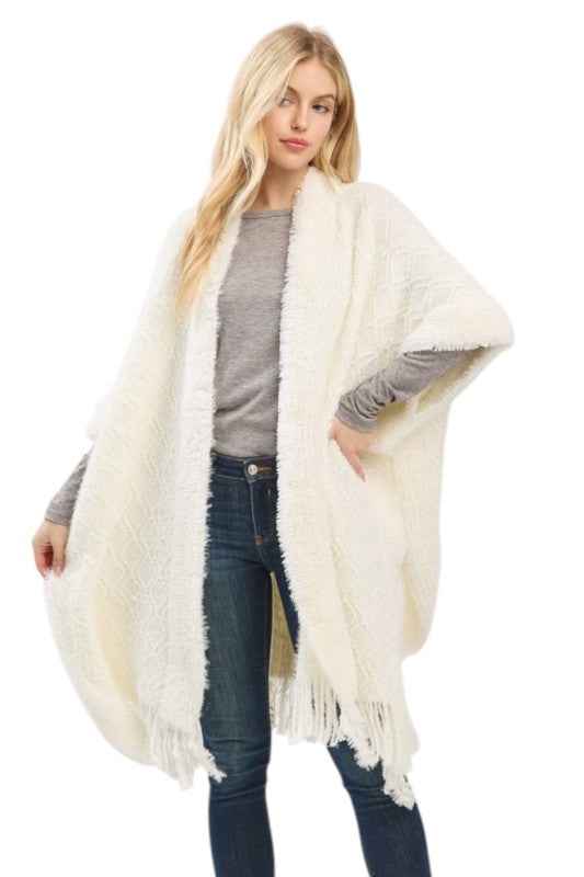 Soft Cozy Boucle Knit Fringe Shawl Scarf