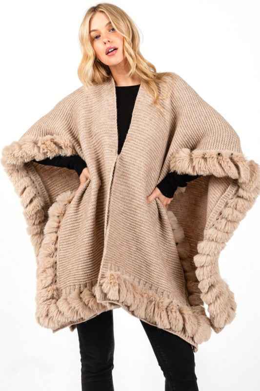Faux Fur Trim Winter Cape Cardigan Taupe O S 24773030_3e063191-5927-4ed4-a8ef-59378dbc686b
