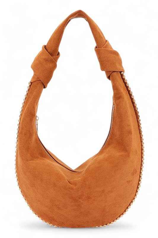 Faux Suede Metal Beads Accent Slouchy Hobo