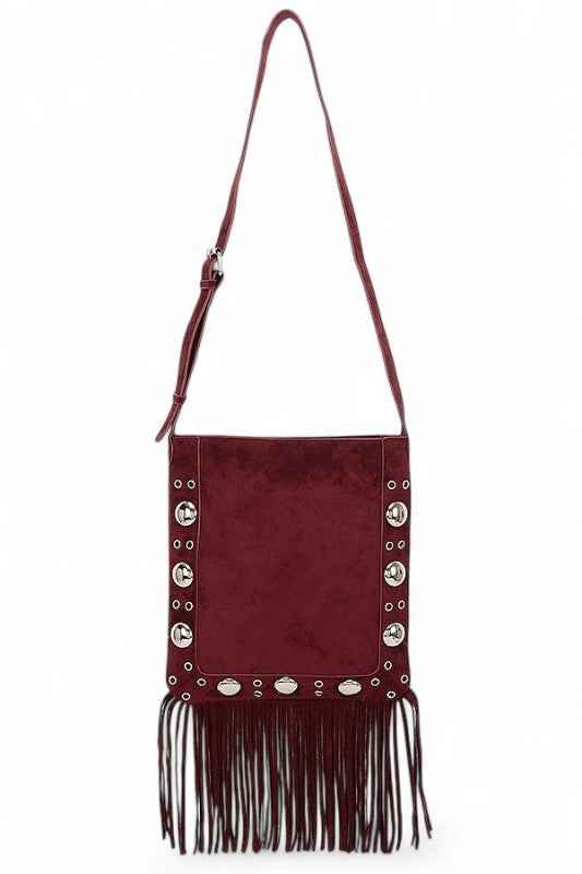 Metal Studs Fringe Faux Suede Crossbody Bag Burgundy O S 24780617_29191834-92ee-45f7-8076-7f75bc609c8f
