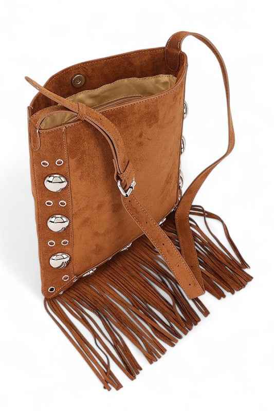 Metal Studs Fringe Faux Suede Crossbody Bag