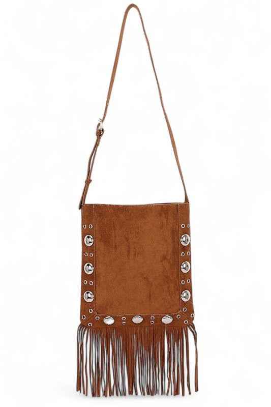 Metal Studs Fringe Faux Suede Crossbody Bag