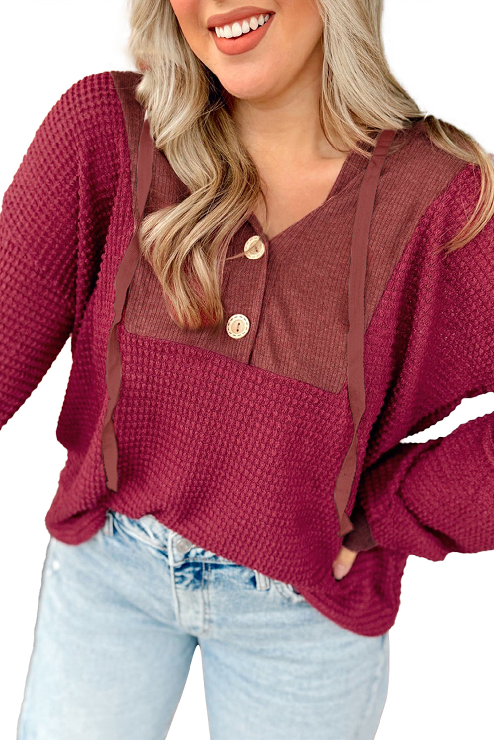 Racing Red Waffle Patchwork Drop Shoulder Hooded Long Sleeve Top 249e260da87daaf5