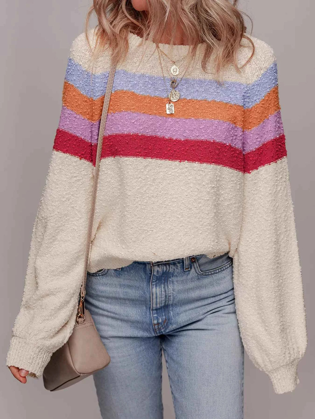Striped Color Block Loose Sleeve Sweater Beige 24b07c4e4a6e409fb1b270737f7c0ff4-Max-Origin